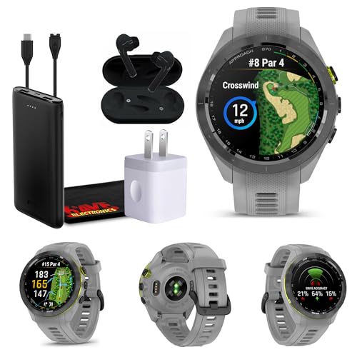 Garmin Approach S70 42MM Gray- Fitness Tracker Golf GPS Premium Smartwatch For Men, Lightweight Touchscreen Garmin Watch With AMOLED Display and Pre-loaded Courses Bundle with Wireless Ear Buds & More