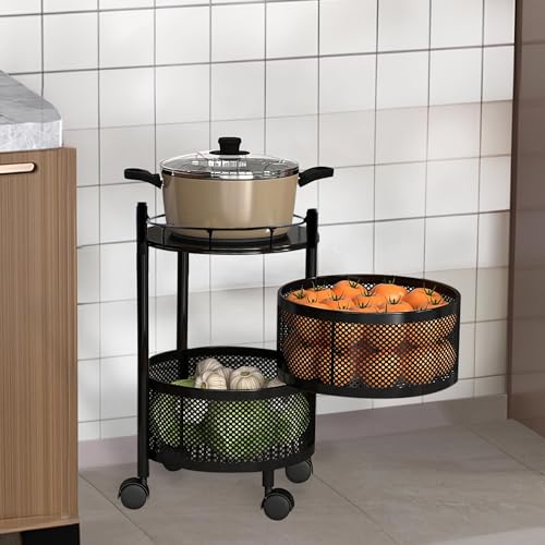 Image of Fun Homes 2 Layer Round Metal Vegetable Rack for Kitchen | Rotating Fruits & Pantry Items Stand | Multipurpose Kitchen Mesh Trolley Storage Rack with Wheels for Home | Onion-Potato Stand | Black