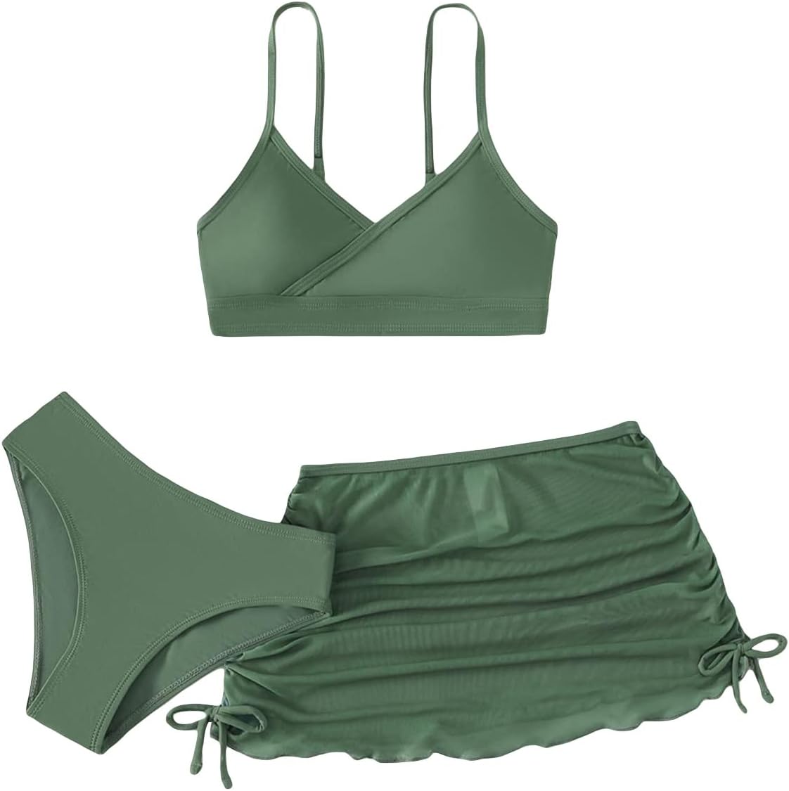 COZYEASE Girls' 3 Piece Plain Swimsuit Wrap Bikini with Ruched Cover Up Skirt Set 9 Years Olive Green