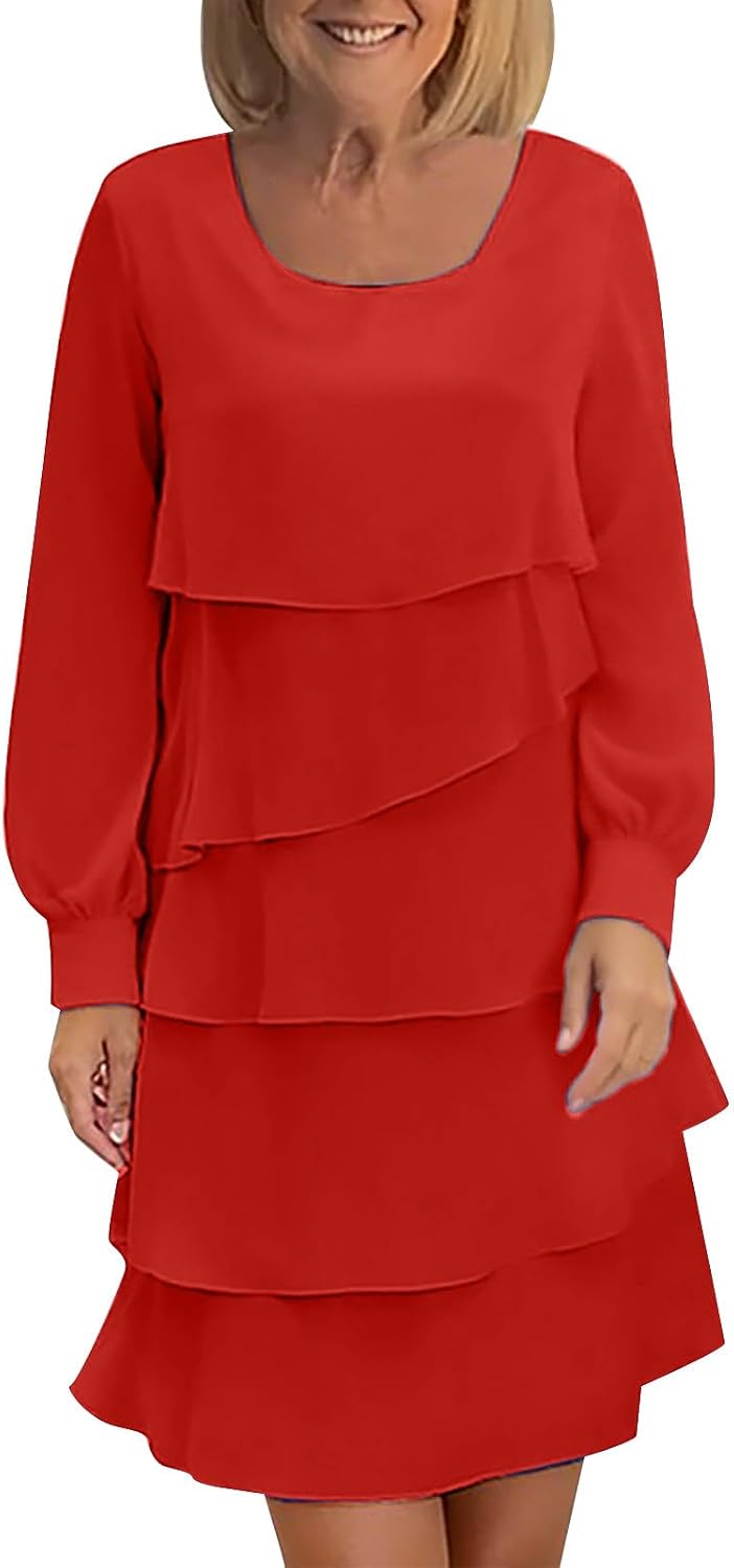 Women's Long Sleeve Crew Neck Ruffle Tiered Layered Chiffon Flowy Swing Long Midi Dress Casual Solid Color Dresses