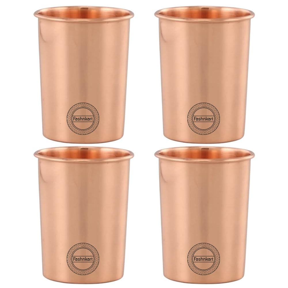 Bicchieri in rame puro Set di 4 bicchieri per acqua potabile Ayurveda Health Pure Tumblers Tazze in rame 10,14 Oz 300 Ml (semplici)