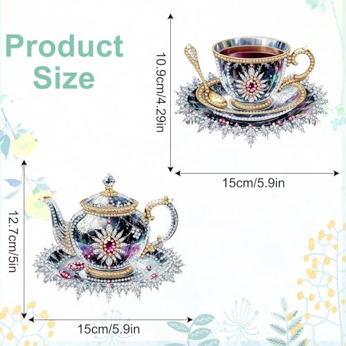 DIY Diamond Art Painting Ornament Kit, 5D 2PCS Hanging Ornament Diamond Art Window Hanging Kits for Home Garden Wall Door Decor Single-Sided-05-Teacup Teapot - Image 5
