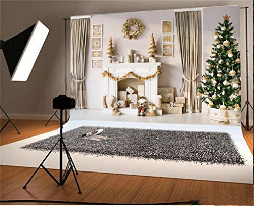 YongFoto 3x2m Vinyl Foto Hintergrund Weihnachten Baum Geschenke Kamin Garland Socks Curtain Interior Fotografie Hintergrund für Fotoshooting Portraitfotos Party Kinder Hochzeit Fotostudio Requisiten
