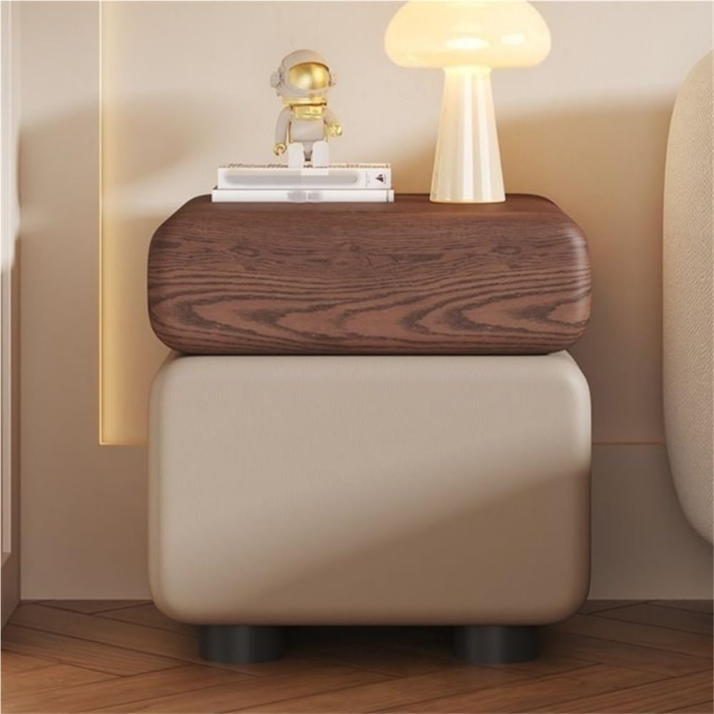 Wood Bedside Table with Two Drawers, Leather Wrapped Hidden Pull Design, Modern Storage Side Cabinet for Bedroom and Living Room Spaces(Brown Khaki,48cm/18.9in)