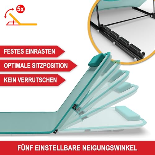 Onbest Bequeme Strandliege 165 cm lang - mit Verstellbarer Rückenlehne und Liegekissen – praktisches Staufach – Strandmatte klappbar – Leichter Transport – inkl. Tragetasche - Strandmatte (Türkis)