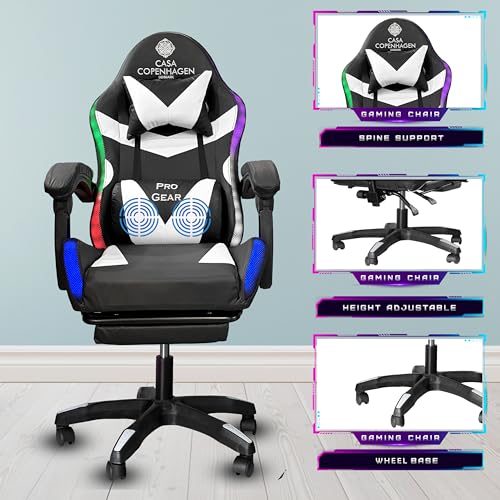 Image of Casa Copenhagen Designed in Denmark,High-Back Italian Leather Gaming Ergonomic Chair with Advanced Mechanism with LED Light & Electric Back Massager, Memory Foam Seating - White & Black