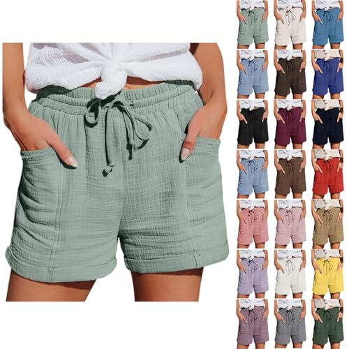 Nuaoxyeu Shorts Damen Knielang Shorts Damen Sommer Musselin Leinen Kurze Hose Baggy Beach Mit Taschen Elastische Taille Stretchy Gerades Bein Bermuda knielange Hosen