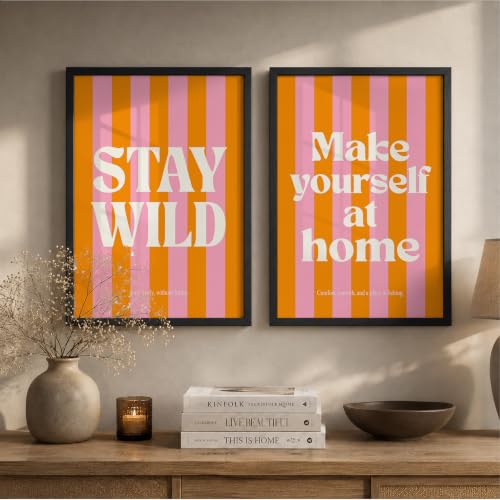 Image of Suneree Stay Wild Make Yourself At Home Wall Art Set of 2 Framed Paintings | Orange Pink Retro Typography Poster | Bedroom Living Room Home Decor (Art 19, 10x13 Inches, Black)