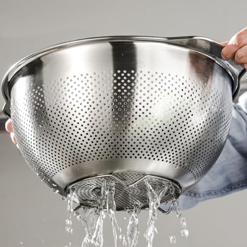 Image of 18 /8 Stainless Steel Microwell Colander, 3.5QT Large Capacity with Handle Kitchen Food Strainer Basket for Washing Vegetables, Fruits, Rice, and Pasta (primary colour, 3.5QTColander+3.5QT Mixing bowl)