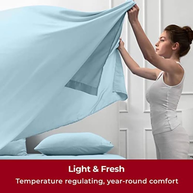 Image of Single Size Bedsheets for Single Bed 600 TC - Cotton Elastic Fitted Sheet (42 x 78 Inches) with 8 Inch Drop- Color Light Blue Solid [ Fitted Sheet with 2 Pillow Cover]