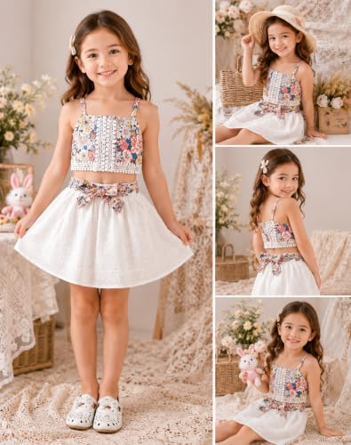 Image of TAGAS Girls Girls Floral Crop Top and White Lace Skirt Set - Summer Sleeveless 2-Piece Outfit with Bow Belt - Casual Party Dress for Kids