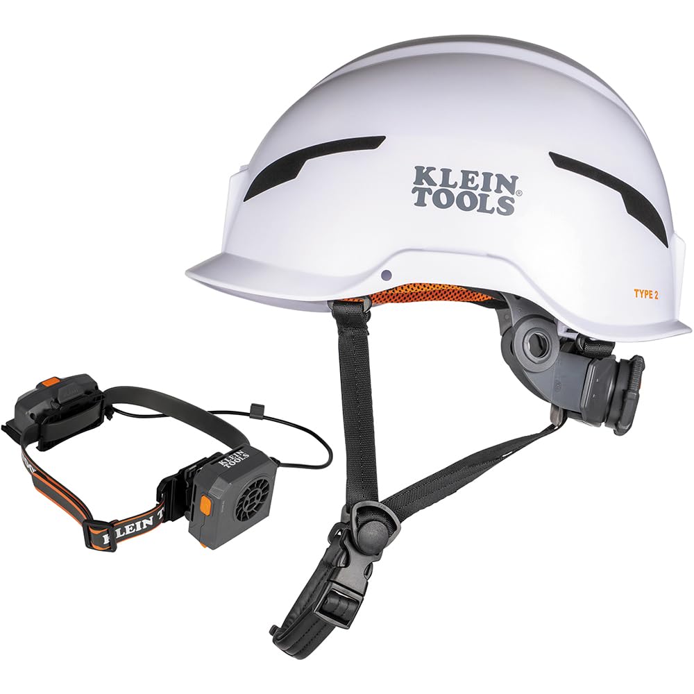 Klein Tools 80173 Safety Helmet Set, Type-2 Class E Non-Vented Safety Helmet, Rechargeable Portable Cooling Turbo Fan with Lithium-ion Battery, 3-