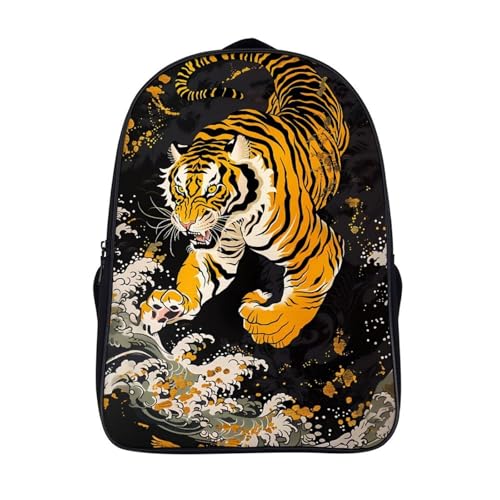Japanese Tiger Wave Funny 16 Inch Backpack for Men Women Casual Daypack with 2 Compartment for Travel Work