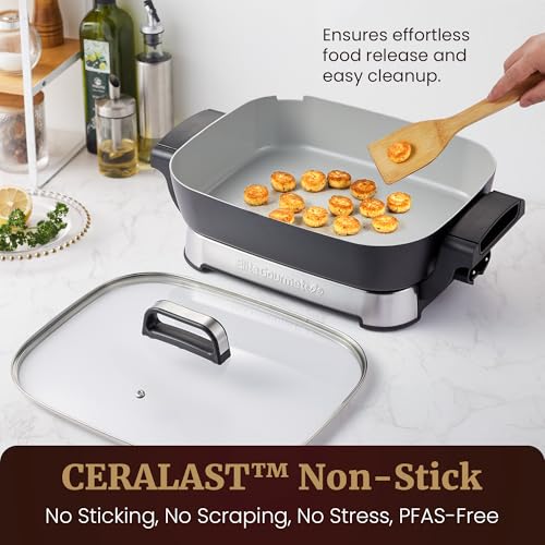 Elite Gourmet 15" x 12" x 3" Stow-Away Foldable Electric Skillet, Ceralast™ PFAS Free Ceramic, 1500W Rapid Heat, Dishwasher Safe Pan & Lid, Black/Grey by Elite Gourmet - Image 3