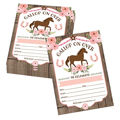 Image of Hadley Designs Kids Birthday Invitations Girl Pony Theme - 25 Horse Birthday Party Invitations For Girls, Gallop on Over Invites For Girls, Cute Ranch Party Supplies, Made in USA