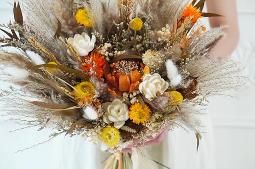Ramo rústico boho beige y naranja para boda miniatura 6
