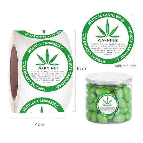 medizinische Cannabis-Warnetiketten, Generic Medical Use Weed Marijuana Round Paper Stickers 1 Rollen(500 Etiketten), können an Taschen, Fläschchen und anderen beliebten für Warnung und Indikat (Grün)
