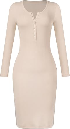 Meyeeka Long Sleeve Midi Dress for Women Button Down V Neck Ribbed Knitted Slim Fit Party Dress Beige M