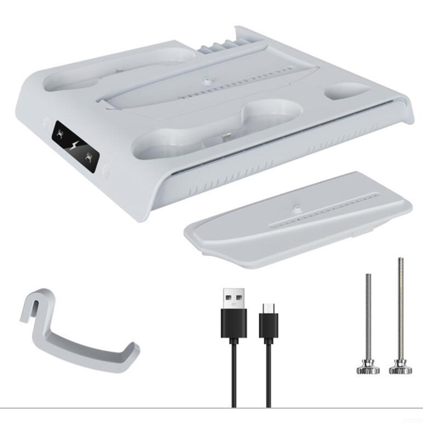 Livello di raffreddamento multifunzione per PS5 Slim/Pro, luce d'atmosfera RGB, 2 slot di ricarica per controller, memoria disco, design bianco