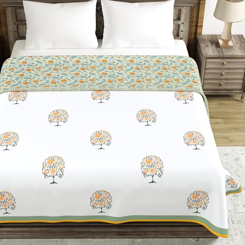 Image of BLOCKS OF INDIA 100% Cotton Dohar King Size Reversible Hand Block Printed Malmal Summer Dohar /Blanket (Green Tree of Life)