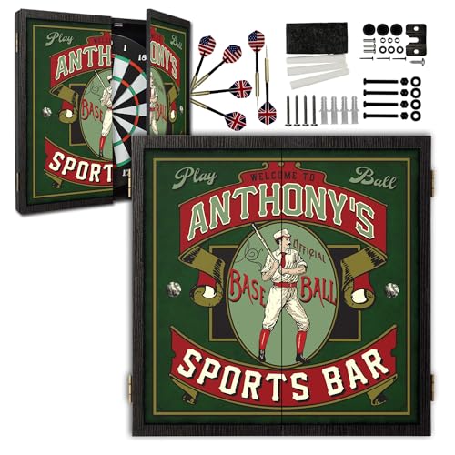 Personalized Wood Dart Board Cabinet Set, 6 Steel Tip Darts, Man Cave Home Bar