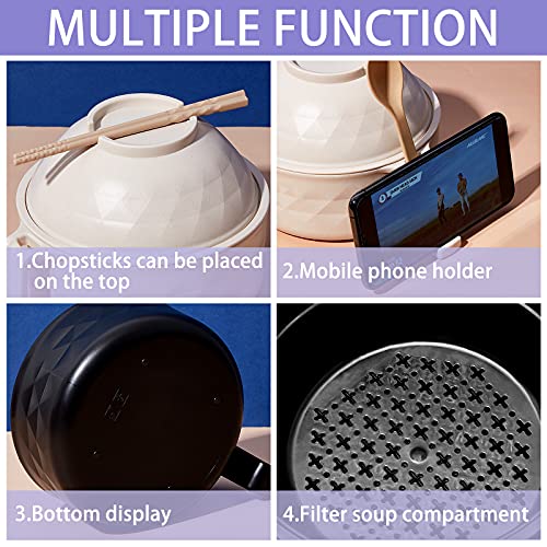 2 Sets Microwave Ramen Cooker Bowl Set Quick Ramen Cooker With Handles Ramen Noodle Cooker With Spoon Chopsticks Fork College Dorm Room Apartment Essentials For Girls And Boys (Black, Beige) #TOP2