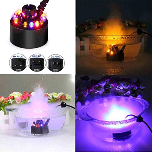 Mini Water Fog Mist Maker Smoke Fog Machin 12 LED Colored Light Fogger Air Humidifier Water Fountain Pond with Power Adapter for Halloween Party Landscape Decoration