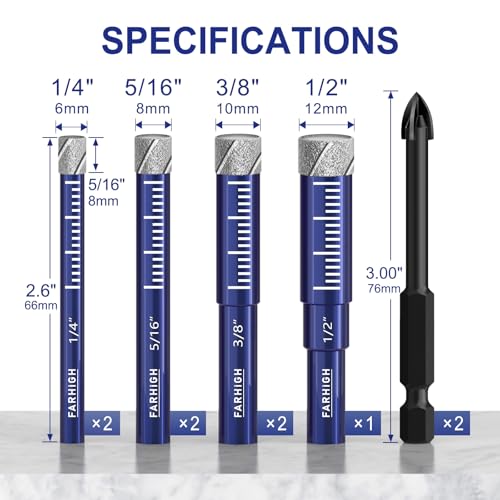 9 Pcs Diamond Drill Bit Set,1/4",5/16",3/8",1/2", Ceramic, Tile Drill Bits Alternate view