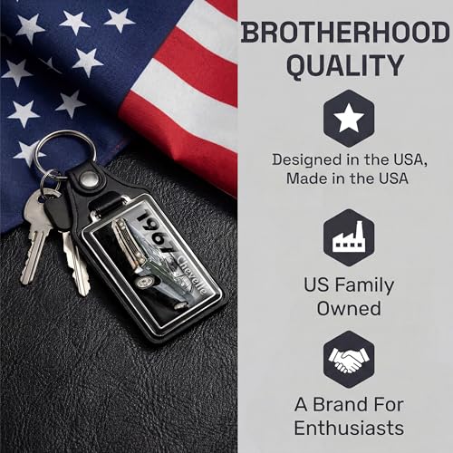 Image of Brotherhood 1967 Compatible with Chevelle SS Red White Blue Design Faux Leather Key Chain Key Ring - Key Chains for Women and Key Chains Men for Classic Retro Cars