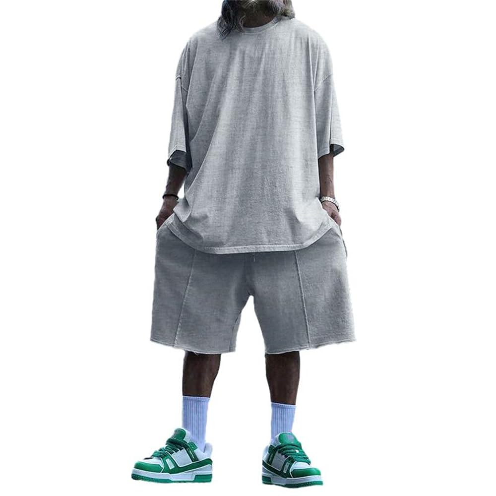 ASDFSMen'S Sweatshirt Set Mens Trend Loose Round Neck Summer T-Shirt Set Mens Daily Wear Causal Shirt Set Mens Multicolour Options Short Sleeve Shorts Two Piece Set