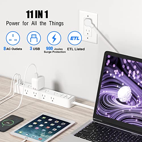 10Ft Extension Cord Flat Plug Power Strip Surge Protector With 8 Widely Ac Outlets And 3 Usb Ports Outlet Extender Overload Protection Wall Mount For Home Office Dorm Room Essentials Gaming, Etl #TOP2