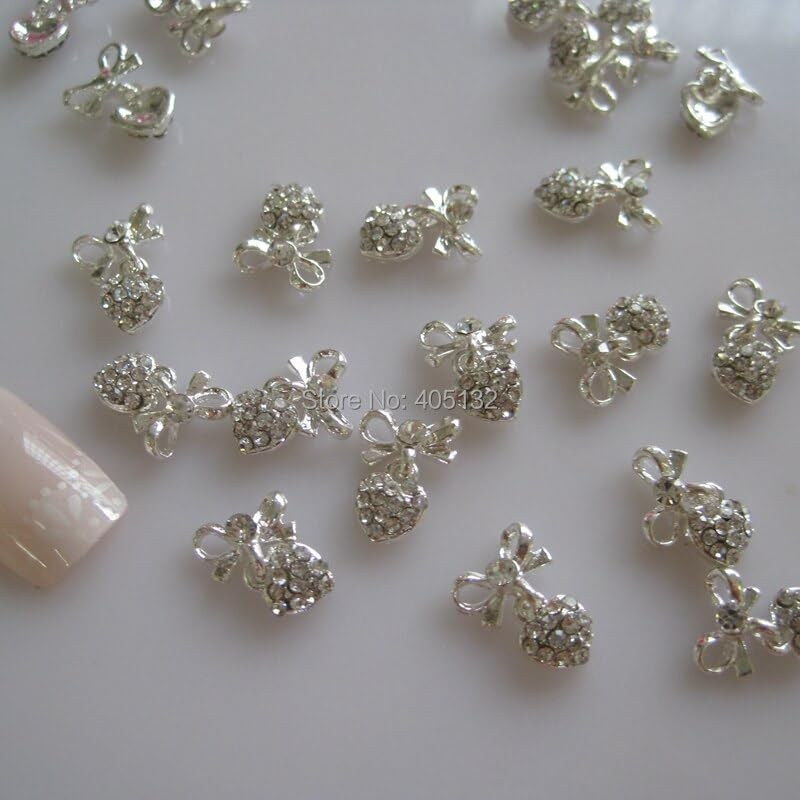 MD 742 3D 50pcs/Bag Crystal Rhinestone Silver Bow Heart Nail Decoration Metal Shinny Deco Metal Nail Art Decoration|Rhinestones & Decorations| -