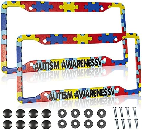 Autism Awareness License Plate Frame 2 Set Colorful Stitching Puzzle Pieces Aluminum Metal 4 Holes Novelty Licenses Plates Frames Licenses Plate Covers Car Tag Frame for Women Men US Vehicles