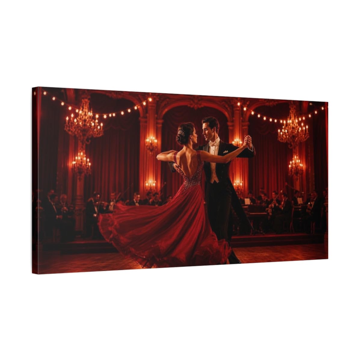 Crimson Ballroom Waltz Canvas Print – Living Room, Above Console Table 40×20 inch (100×50 cm) - Horizontal / 1.25 inch (3 cm)