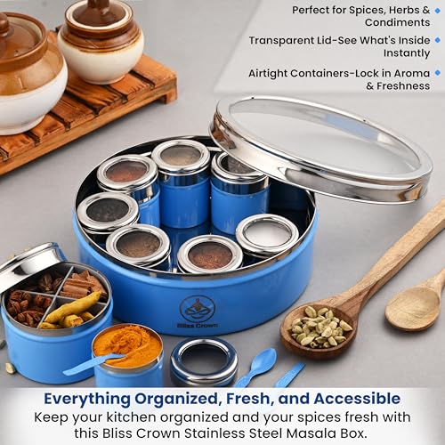 Image of 12-in-1 Stainless Steel Spice Box (Azure Blue) | Masala Dabba with 8 Containers + 1 Divider Box (4 Sections) + 3 Spoons | Airtight, Premium Coated Finish, Kitchen Organizer