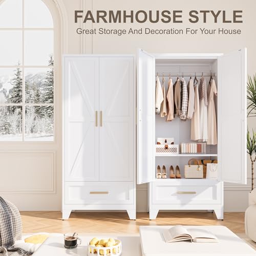 Metal-Wardrobe-Cabinet71-Armoire-Wardrobe-Closet-with-Drawers-and-Hanging-RodMetal-Armoire-with-Adjustable-Shelves-for-ClosetBedroomFarmhouse-Storage-Cabinet-with-Barn-Door Metal Wardrobe Cabinet71 Armoire Wardrobe Closet with Drawers and Hanging RodMetal Armoire with Adjustable Shelves for ClosetBedroomFarmhouse Storage Cabinet with Barn Door