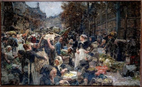 RZHRHJES Quadro su Tela Murale Tela Nordico Pittura le Halls the Crowd delle Marche Des Halles a Parigi di Leon Augustin Lhermitte per L'arredamento Della Camera da Letto 60x90cm