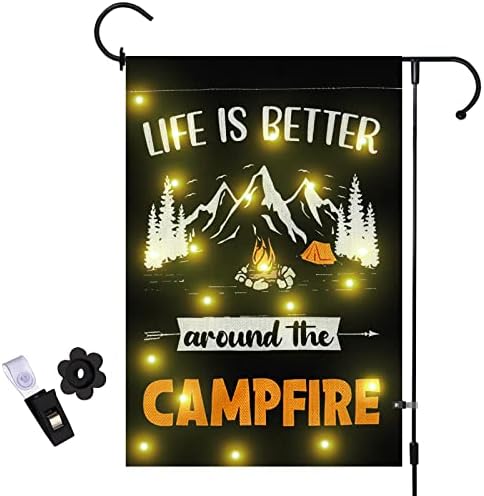 Camping Garden Flag with Led Lights, 12 x 18 Inch Double Sided Vertical Burlap Camping Fire Pit Lighted Garden Flags for RV Campsite Campfire Camper Yard Outdoor Decoration
