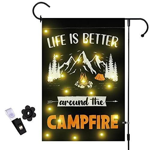 Camping Garden Flag With Led Lights, 12 X 18 Inch Double Sided Vertical Burlap Camping Fire Pit Lighted Garden Flags For Rv Campsite Campfire Camper Yard Outdoor Decoration #TOP1