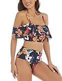 GoyRrbay Women Two Piece High Waisted Flounce Bikini Set Off Shoulder Swimsuit Tummy Control Bathing Suits Black Flower