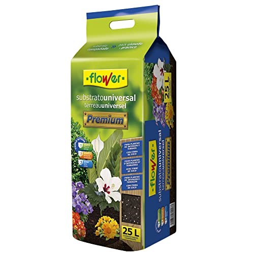 Flower - Substrato Universal Premium 25L | para Plantas de Interior y Terraza | Enriquecido con Fibra de Coco y Perlita | Abona, Enraíza, Airea, Marrón, 20x18x39 cm, Sustrato