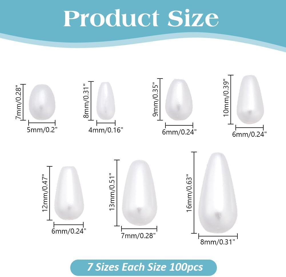 arricraft 700 Pcs White Pearl Beads, 7 Sizes ABS Plastic Imitation Teardrop Pearl Beads Loose Spacer Bead with Hole for Earrings Bracelets Neklaces Jewelry DIY Crafts Making Wedding Decor - Image 2