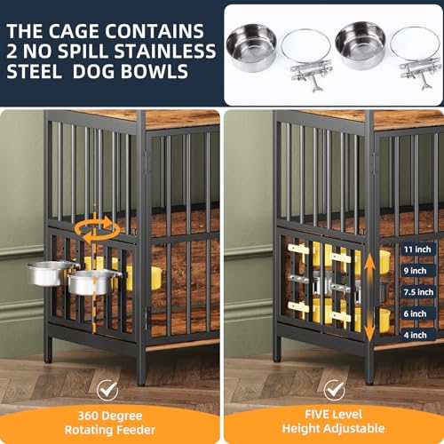 Large Dog Crate Furniture, with 360° Adjustable Elevated Feeder, Heavy Dog Furniture, Indoor Decorative Dog Kennel, Sturdy Metal Construction, 38" W×21" D×36" H, Rustic Brown Finish - Image 6