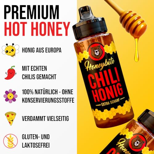 Hot Honey Extra Scharf | Chili Honig Extra Scharf | Hot Sauce | Extra Spicy Honey | Pizza Honig mit echten Chilis - Glutenfrei | 340 Gramm