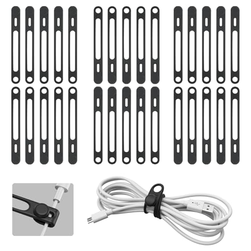 Kanemc 30-Pack Black Silicone Cable Ties Cord Organizer Reusable, Cord Wrap Wire Organizers Cable Strap for Electronics, Even As Curtain Tie Backs Bread Ties Cable Hook for Hanging