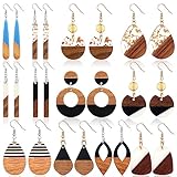 Henoyso 12 Pairs Boho Wooden Earrings for Women Vintage Dangle Geometric Lightweight Studs Resin Statement Earring Christmas Jewelry