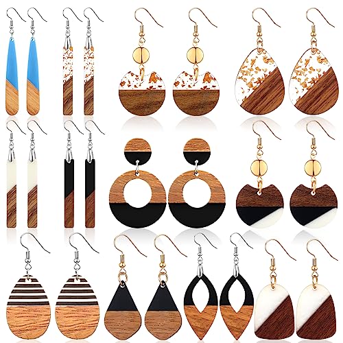 Henoyso 12 Pairs Boho Wooden Earrings for Women Vintage Dangle Geometric Lightweight Studs Resin Statement Earring Christmas Jewelry