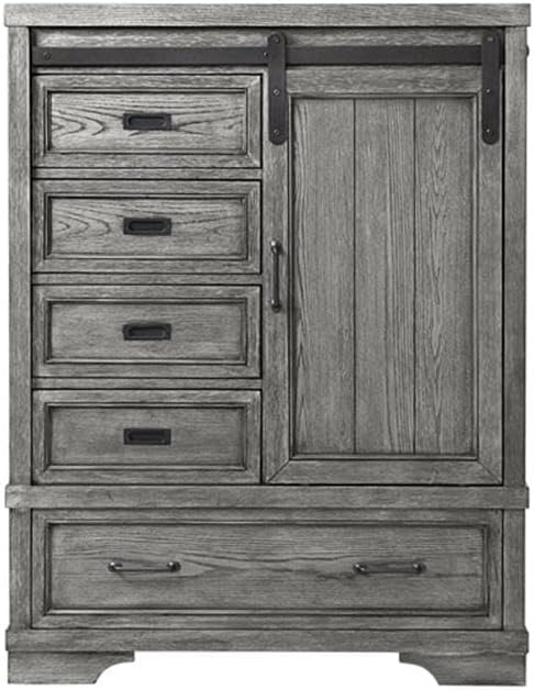 Pemberly Row Traditional Solid Hardwood Chifferobe, Brushed Pewter Finish, 42" W x 19" D x 55.5" H, 5-Drawer Wardrobe Storage, Durable Bedroom Furniture