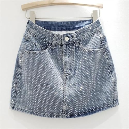 Women's Rhinestone Denim Mini Skirts Diamonds High Waist Jean A-LINE Skirt2