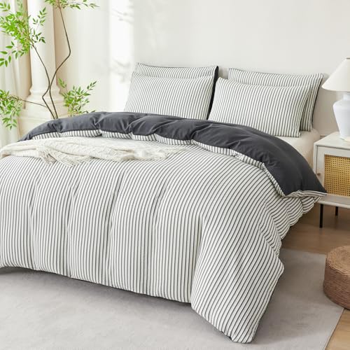 Image of Dark Grey Striped Comforter Set King - 3 Pieces Bedding Comforter Set for All Season, Soft Lightweight Washed Microfiber, 1 Striped Comforter and 2 Pillowcases (Dark Grey, King Size)